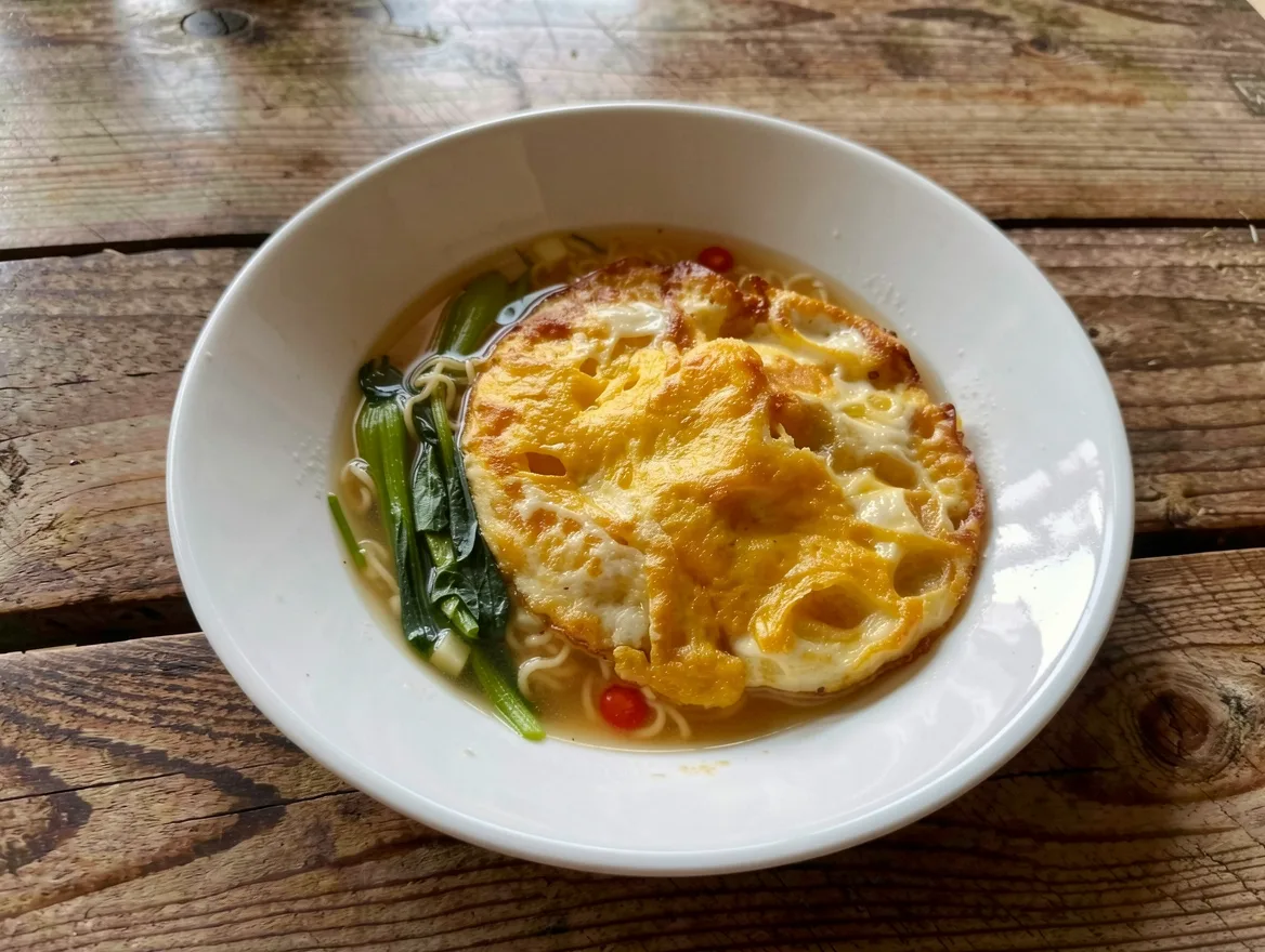 Instant Noodles with Fried Egg and Greens